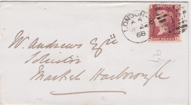 1868 QV GOOD 1d PENNY RED STAMP PLATE 99 ON COVER TO MARKET HARBOROUGH
