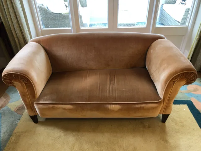 Antique Edwardian velvet Chesterfield sofa; two seater, drop arm