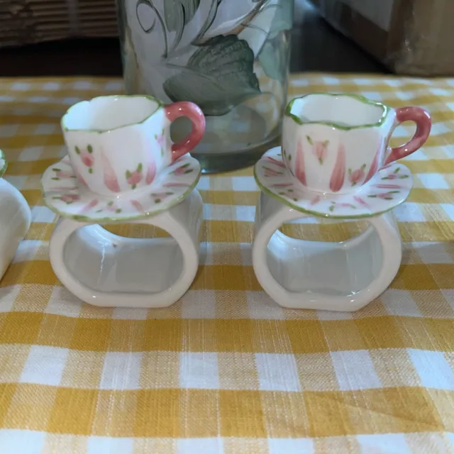 4 Tea Cup and Saucer Ceramic Napkins Rings Cottage Core Shabby Chic Roses 3