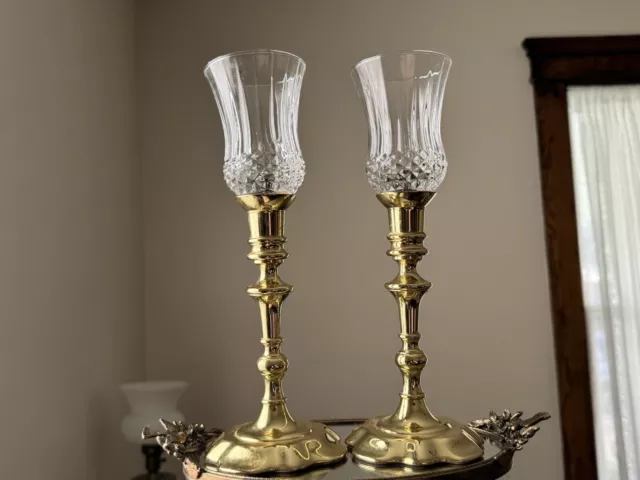 Set Of 2 Brass Candle Holders Candlesticks With Clear Glass Votive Holders