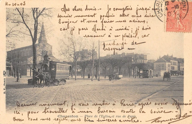 Cpa 94 Charenton Place De L'eglise Et Rue De Paris Tramway