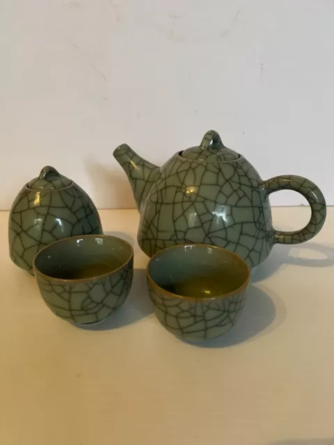 Vintage Chinese Porcelain Geyao green Crackle Glaze Teapot Sugar Jar  2 x Cups