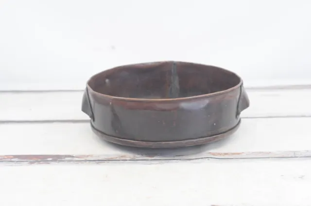 Large Antique . Hand Forged Hammered Copper Bowl Copper Strap Handles Primitive