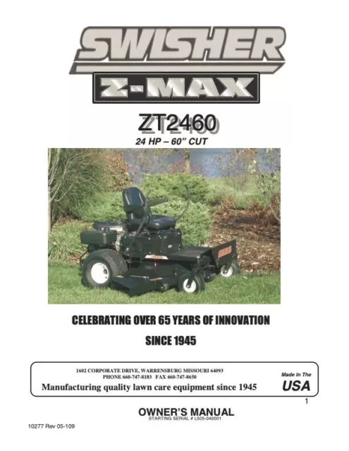 Owners Manual & Parts List -Swisher 24 HP Zero-Turn Riding Mower - Model ZT2460