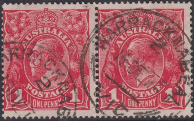 Postmark 1914 Warracknabeal Victoria Australia on pair 1d red KGV perf stamps