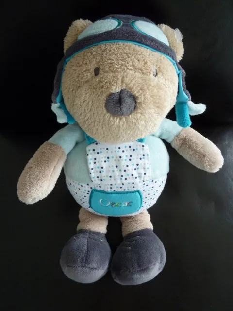 N4. DOUDOU PELUCHE SAUTHON OURS AVIATEUR  BLEU GRIS POIS CASQUETTE 27cms NEUF*