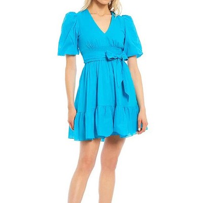 Antonio Melani Jacinta Short Puff Sleeve Dress Size 6 Smocked Waist Ruffle Hem