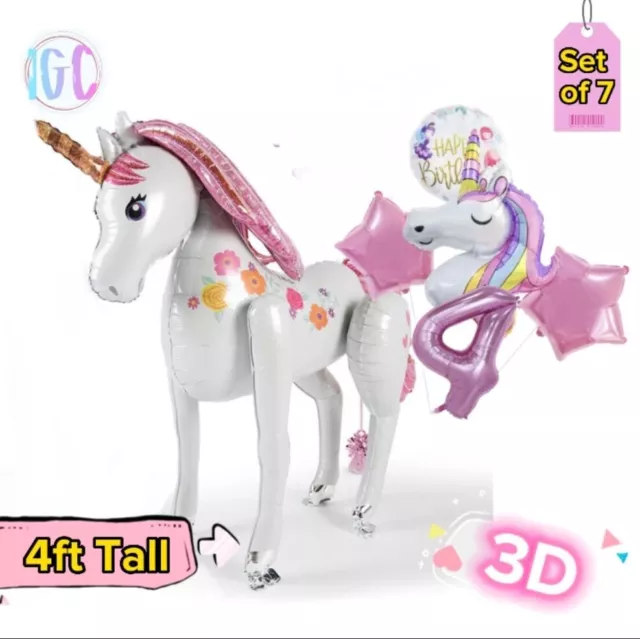 Giant Unicorn 4ft Balloon & Large Pink Unicorn Foil Balloon Set Of 7 Decorations 2