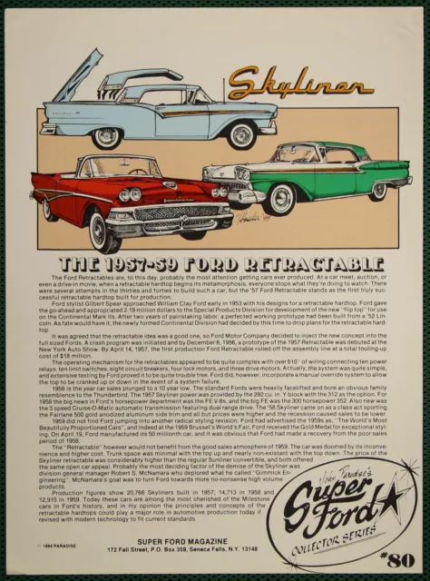 Ford Skyliner Retractable Hardtop ‘57-’59 History Vintage Pictorial Article 1984