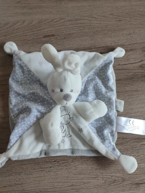 Doudou Plat Carré Lapin Blanc Gris Attache Sucette Etoiles Simba Toys comme neuf