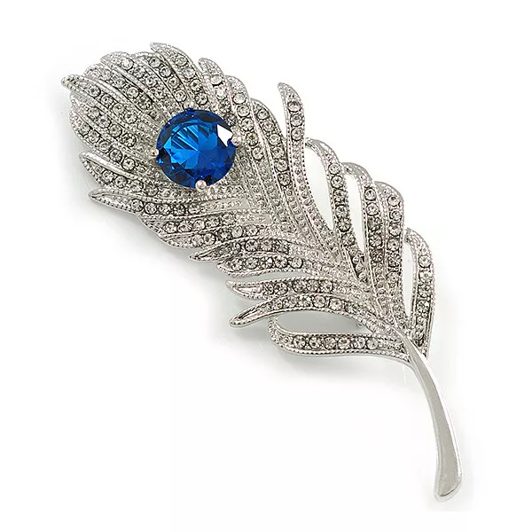 CZ/ Clear/Blue Austrian Crystal Peacock Feather Brooch In Silver Tone Metal -