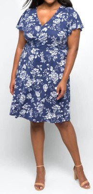 New Womens Floral Summer Knit Dress- Fortune + Ivy Midi Faux Wrap, Sz 3X Navy