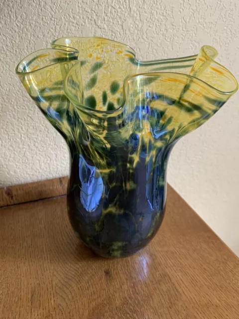 Art Glass Hand Blown Vase Iridescent  Artist Signed Handkerchief 9”