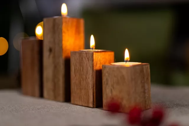 Wooden Tealight Candle Holders Home Decor Mango Wood 4 Pillar Centrepiece Xmas