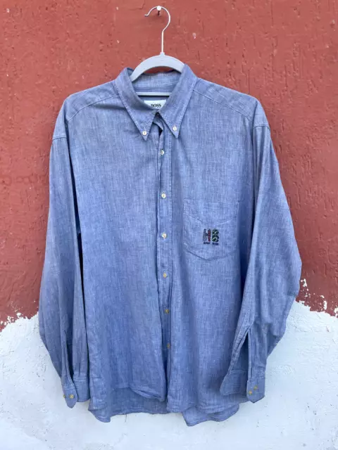 Hugo Boss camicia estiva shirt chemise ricamo vintage blu da uomo taglia 39  ''