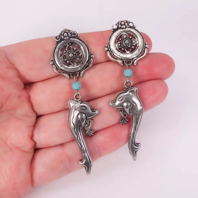 Vintage Dolphin Big Dangle Earrings Sterling Silver 925 Turquoise Blue Stone