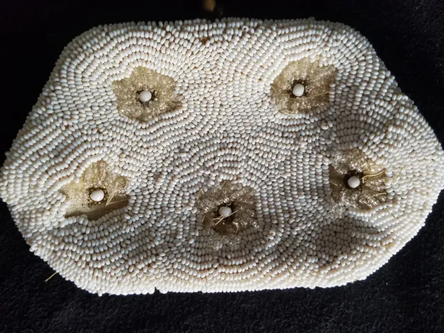 Vtg  Saks Fifth Avenue White Micro Beaded Purse Floral design 50's-60's 2