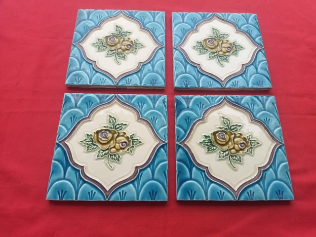 4 Piece Old Art Floral Embossed Design Majolica Ceramic Tiles Japan 0128 6