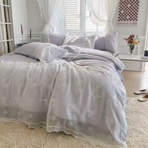 Romantic Elegant Purple Bedding Sets Lovely Lace Cooling Soft Cover Bed Sheet 2