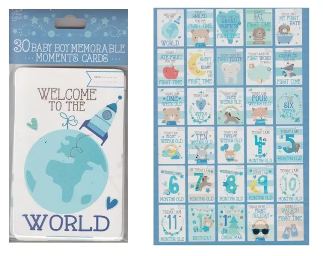 Pack Of 30 Babies 1st Year Memorable Moments Cards Baby Shower - Blue Boy