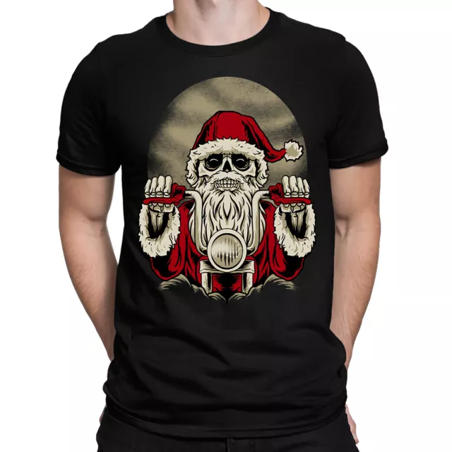 T-shirt uomo Skeleton Santa Biker Rider Skull moto natalizia