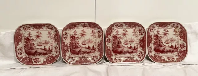 Set Of 4 Antique Antiche Riproduzioni Red Transferware Plates 4.5x4.5”