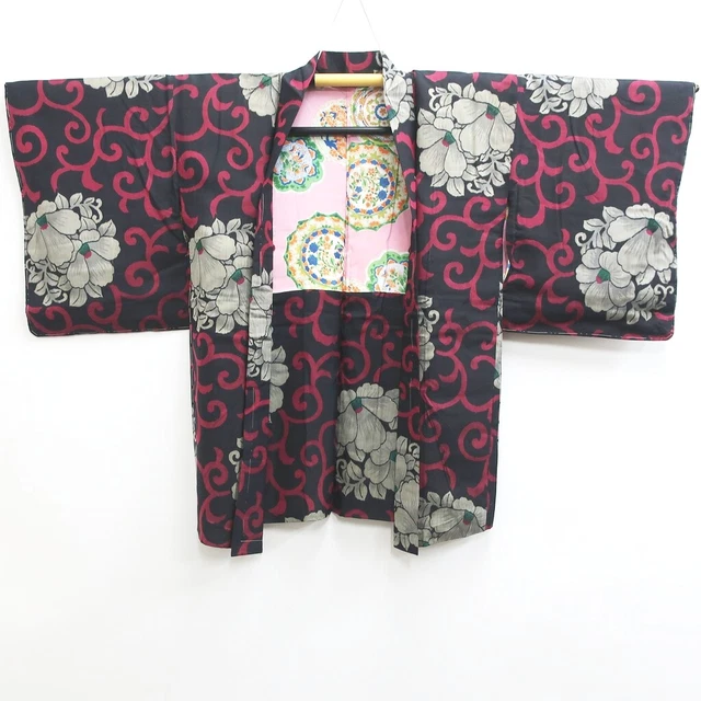 8979C3 Silk Vintage Japanese Kimono Haori Jacket Meisen Karakusa Camellia 3