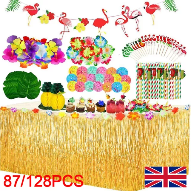 128x Hawaiian Party Decorations Grass Table Skirt Set for for Beach Summer Party