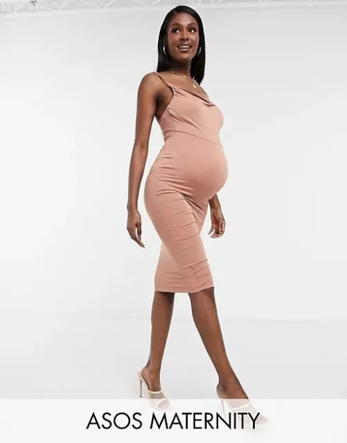 Rrp £20: Asos Design Maternity, Mocha Jersey Cami Cowl Neck Bodycon Midi Dress