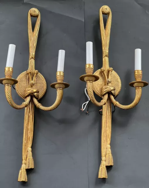 PAIR Vintage French Gold Gilt Rope Tassel Wall Sconce 2 Light Louis XVI Style 24 3