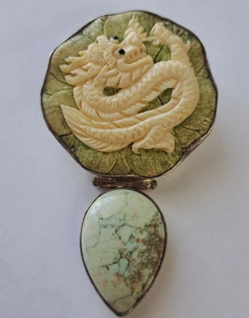 Vintage Oriental White Dragon Bone Pendant And Chinese Turquoise In 925 Sterling