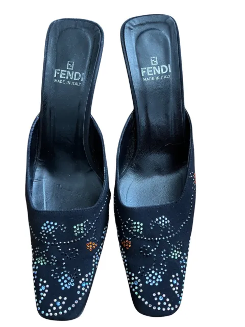 Fendi Crepe De Chine Black Embellished Heels Size 7.5 3