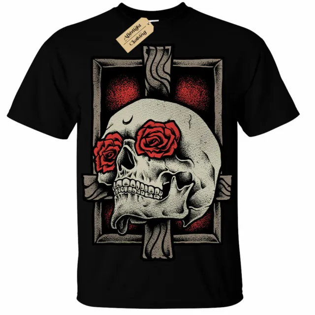 T-shirt Skull Cross da uomo rosa gotico rock goth rose scheletro scuro
