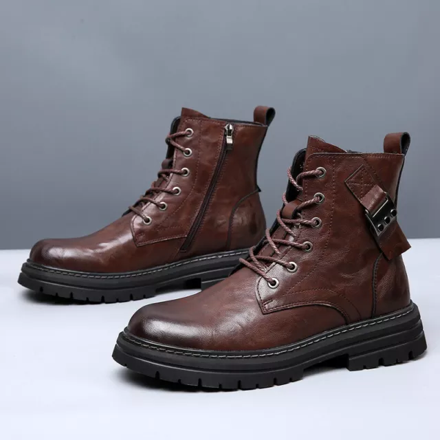Men Faux Leather High Top Boots Biker Lace-Up Zipper Shoes Casual Outdoor New 2