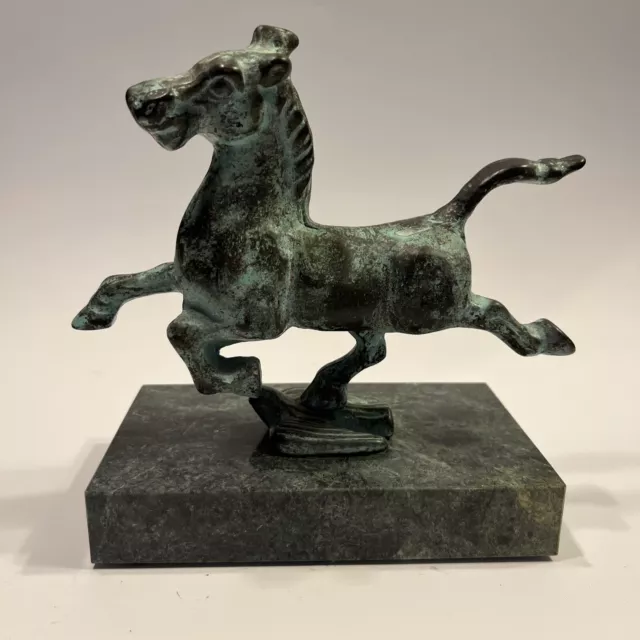 Vintage Verdigris Bronze Horse Sculpture On Green Marble Base 6.5" Tall