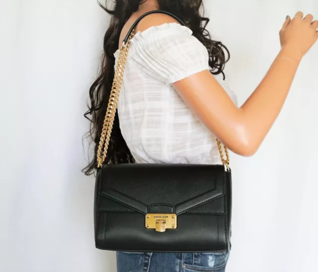 MICHAEL KORS KINSLEY Medium Shoulder Flap Leather Chain Bag Black/Gold  Toned Hw $124.88 - PicClick