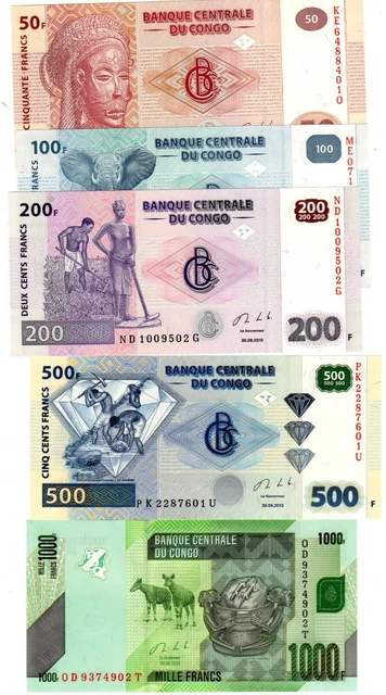 LOT SET SERIE 5 BILLETS CONGO AFRIQUE FRANCS ELEPHANT PERROQUET  Neuf UNC