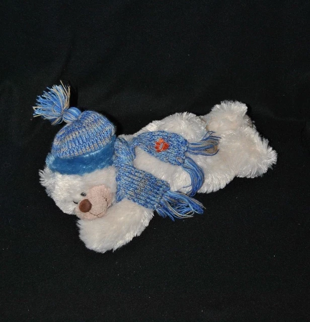 Peluche doudou ours couché crème MAXITA écharpe bonnet bleu 26 cm allongé TTBE