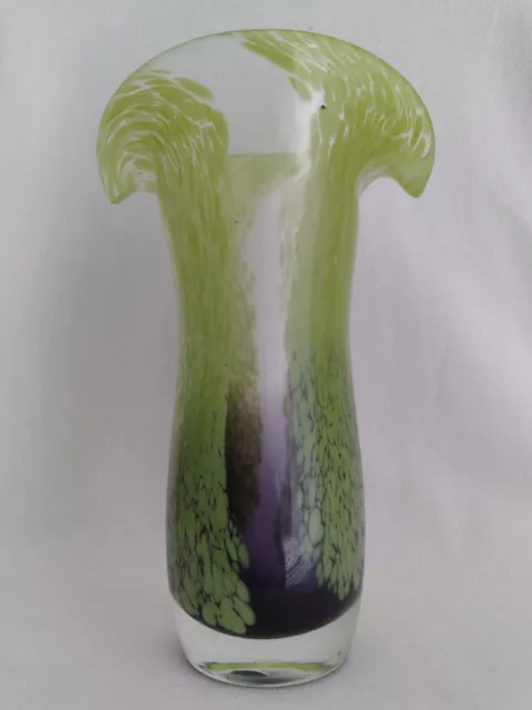 Vtg 8” TELEFLORA Hand Blown Speckled Green and Purple Art Glass Flared Top Vase
