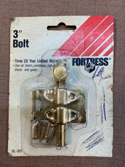Fortress 3" Slide Bolt Door Window Cabinet Shed Gate Brass NOS, W/ Strike Plate