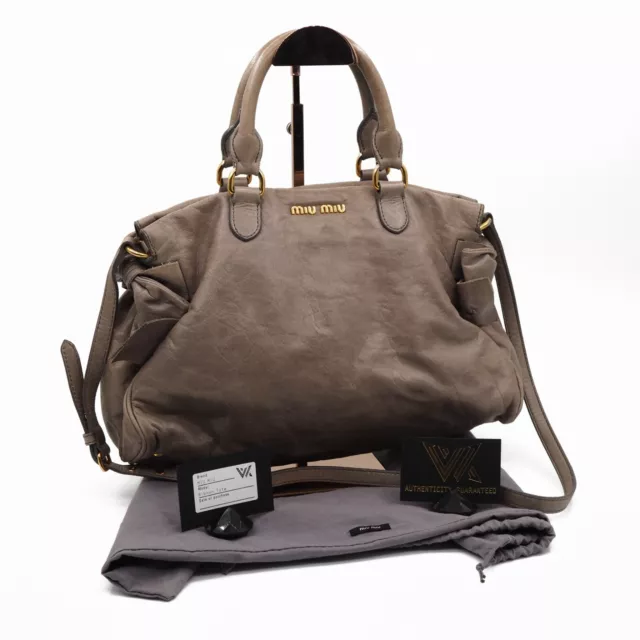 Miu Vitello Lux Gray/Gold Luxury Leather Bow Satchel Tote Bag Np