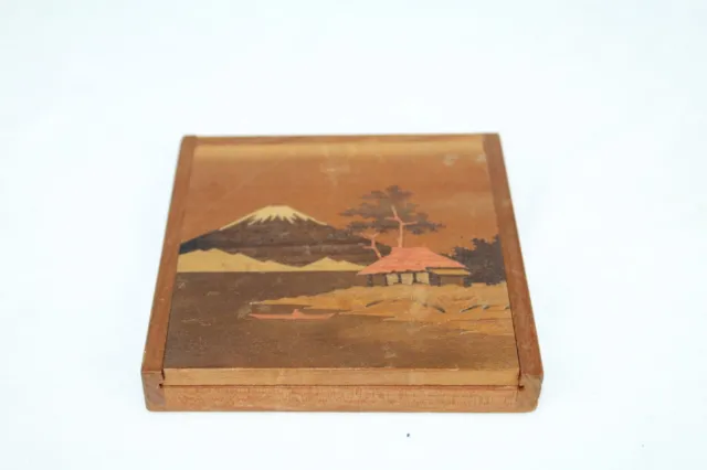 Vintage Japanese Mt Fuji Inlaid Colorful Sliding Wooden Tile Block Slider Puzzle