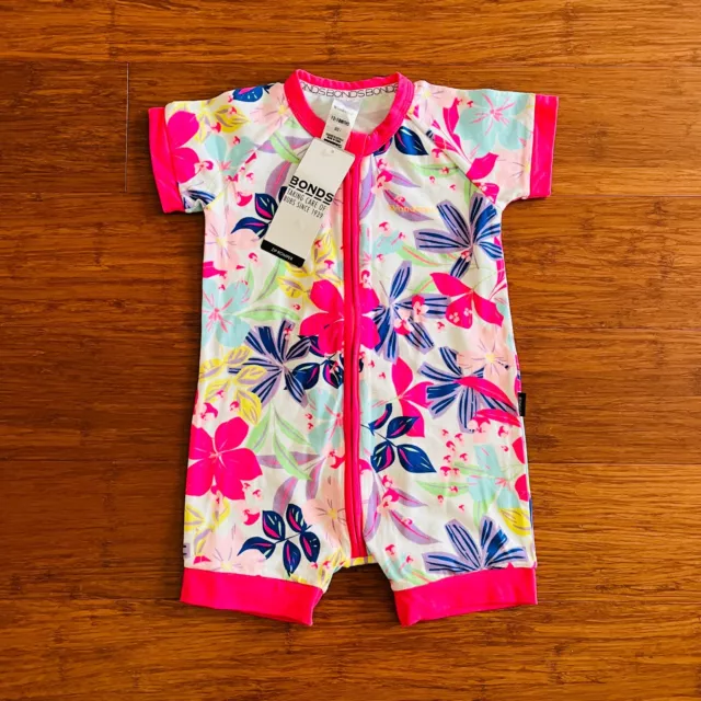 Bonds Baby Girl Pink Purple White Floral Zip Romper Wondersuit Size 1 BNWT