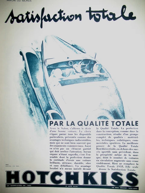 Publicite De Presse Hotchkiss Automobile Satisfaction Totale  French Ad 1934