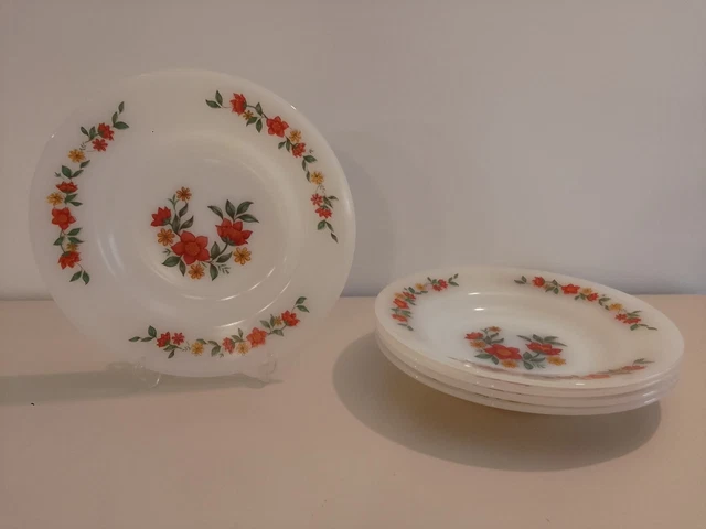 Lot De 5 Assiettes à Dessert Vintage Arcopal - Décor Fleurs Orange, Diamètre 19 Cm