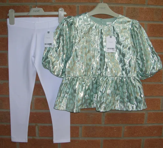 BNWT NEXT Girls Mint Green Gold Party Top White Leggings Outfit Age 8 128cm NEW