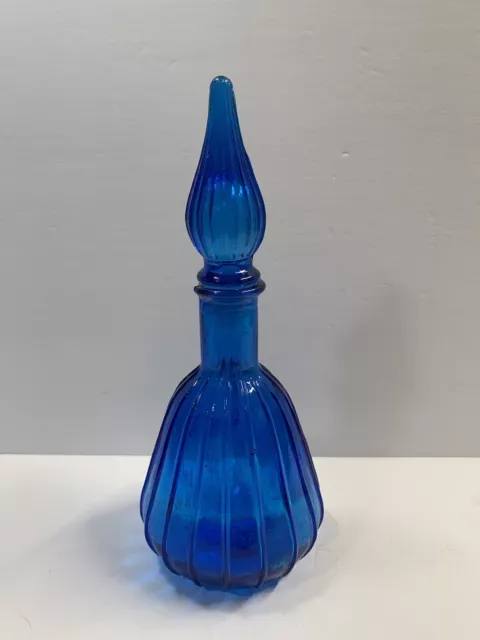 Blue Empoli Glass Ribbed Decanter Genie Bottle Stopper Ribbed MCM 9.5”