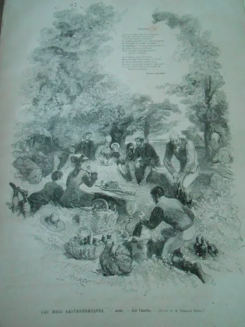 Gravure 1877 - Les mois gastronomiques Aout Sur l'Herbe