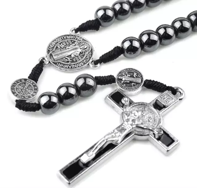 St Saint Benedict Holy Medal 15" Cord Rosary Large 8mm Black Hematite Beads