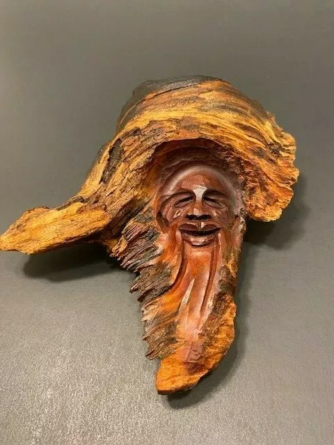 Wood Knot Carving Face Handmade Folk Art Smile Old Man Wall Hanging Beard Hat